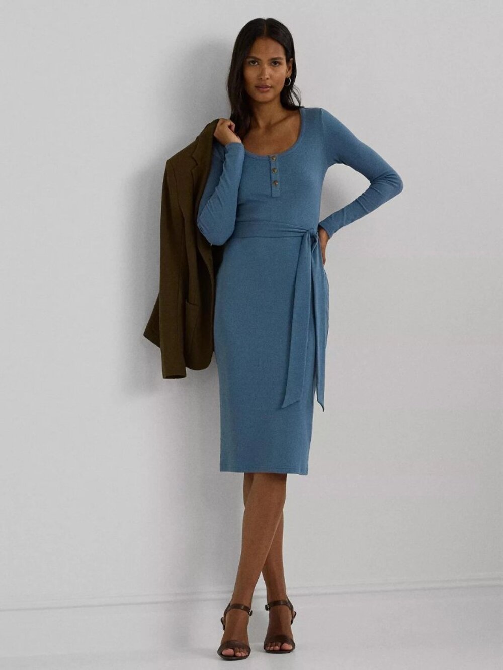 Lauren Ralph Lauren Blue Rib-Knit Henley Belted Midi Dress L Long Sleeve NWT